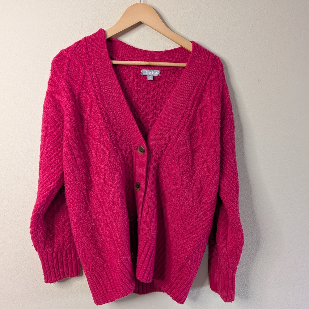 JJ.Crew Bright Pink Cable Knit Cardigan Alpaca Merino Wool Blend Oversized Small